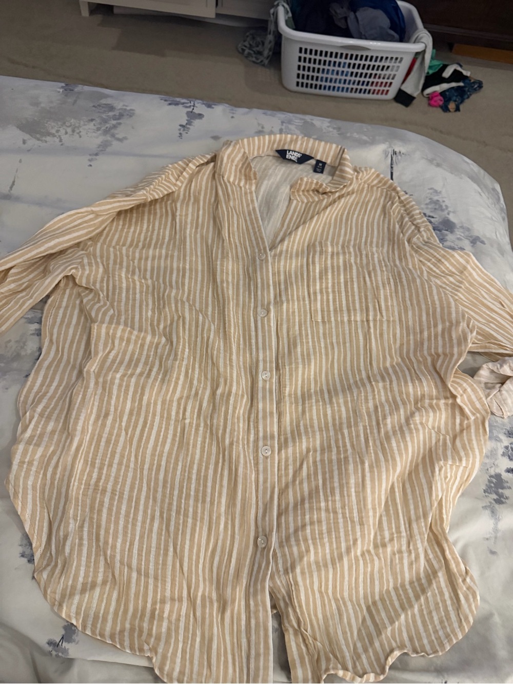 Lands' End Cream and White Striped Button-Front Swim Coverup